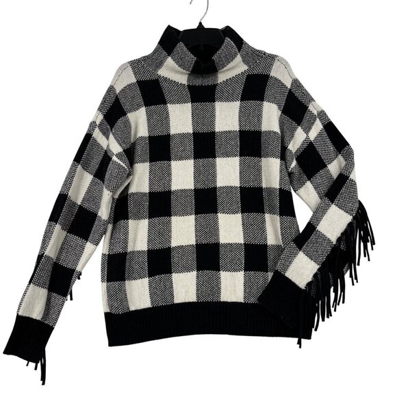 Ralph Lauren Fringe Sweater Size M Black White Buffalo Plaid Wool Blend - Picture 1 of 11